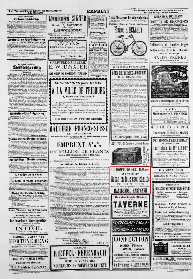 Journal L'Express de Mulhouse du 25 mars 1893 (p.4) : ruban en toile caoutchoutée pour cyclistes.